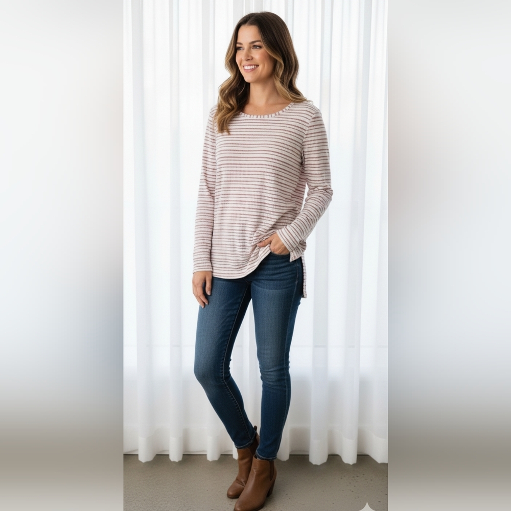 Chico's Burgundy & White Striped Ribbed Knit Ribbed Button Side Top Size 3 XL